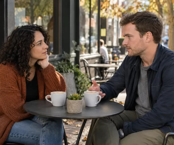 A woman and a man have a calm conversation at an outdoor cafe table