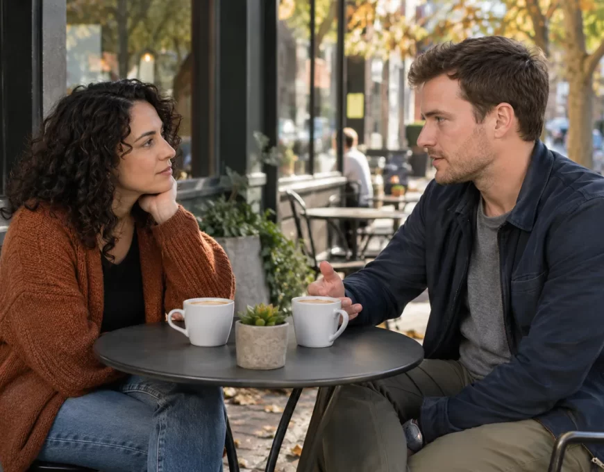A woman and a man have a calm conversation at an outdoor cafe table