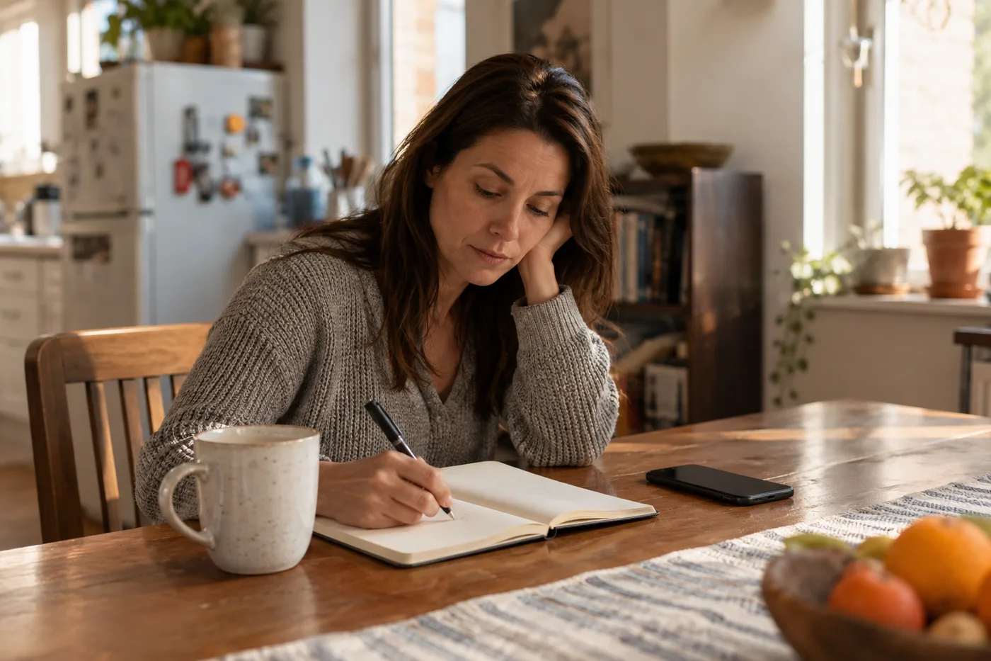 A woman writes in a notebook at her kitchen table with her phone face down