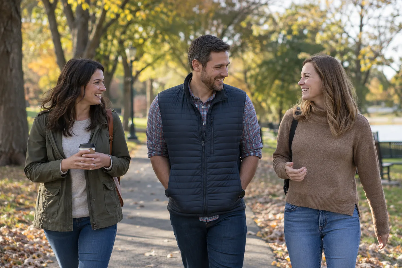 Three adult friends walk and talk together in an autumn park