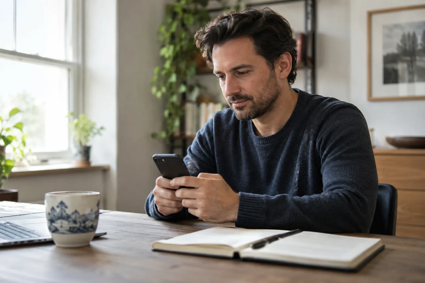 A man sits at a desk composing a message on his phone